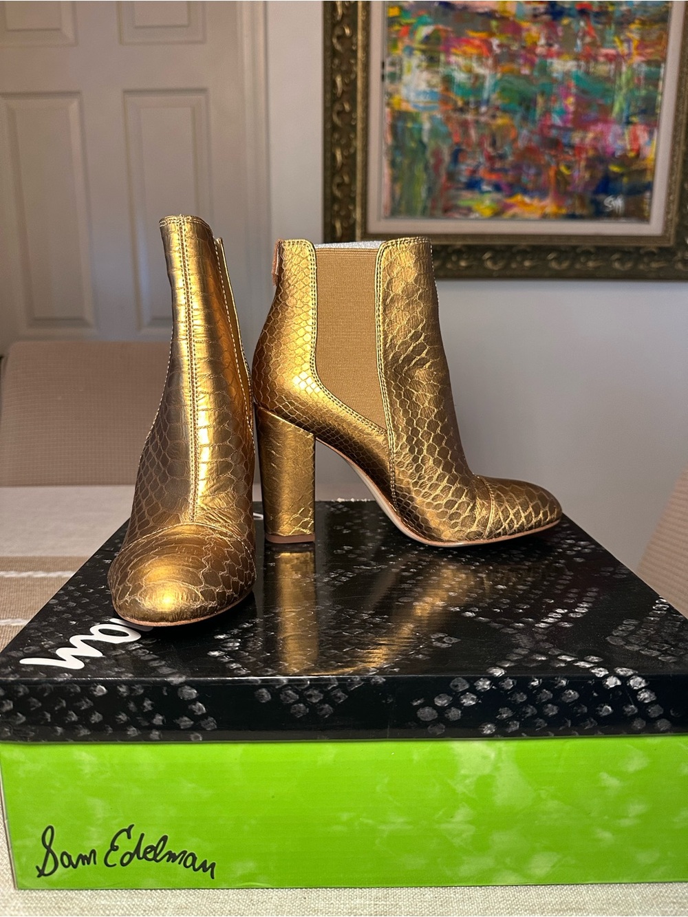 Sam Edelman Metallic Gold Snake-Embossed Chelsea Booties